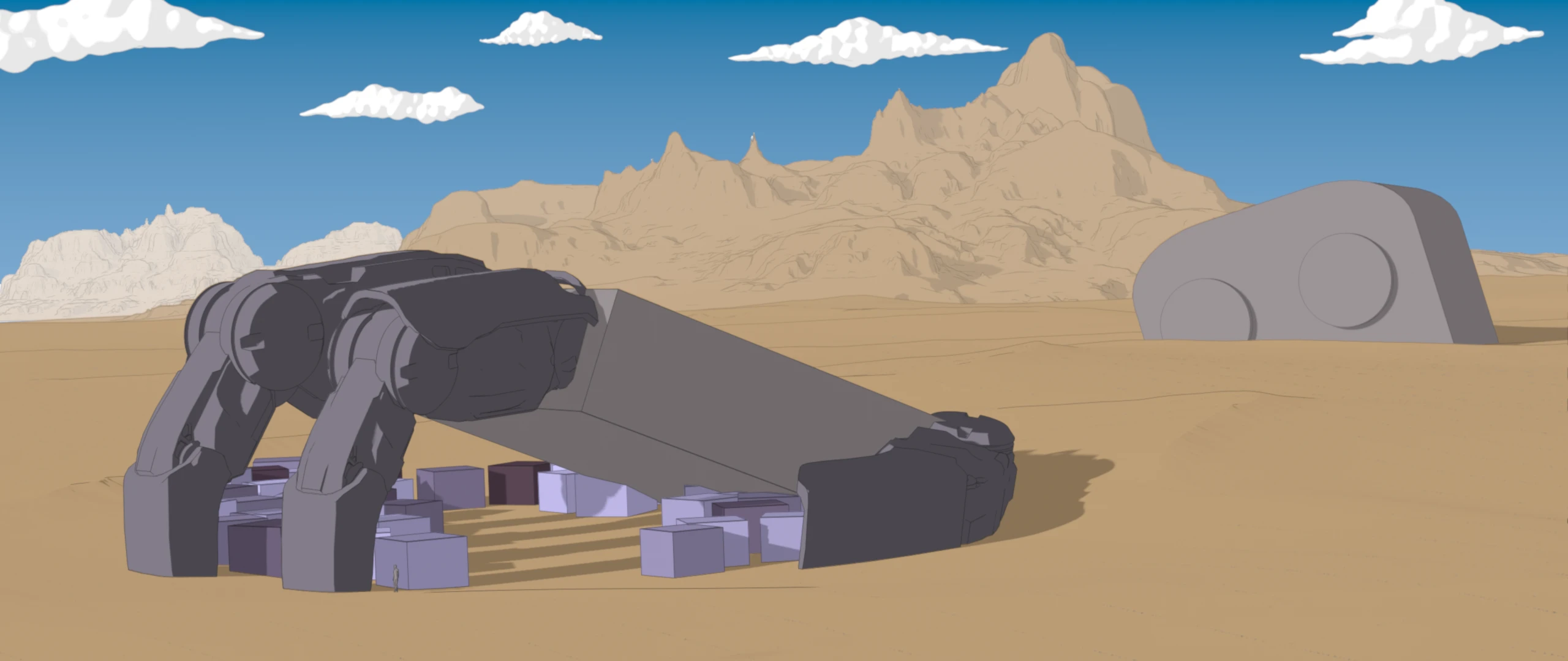 3d blockout for large mech hand in a desert