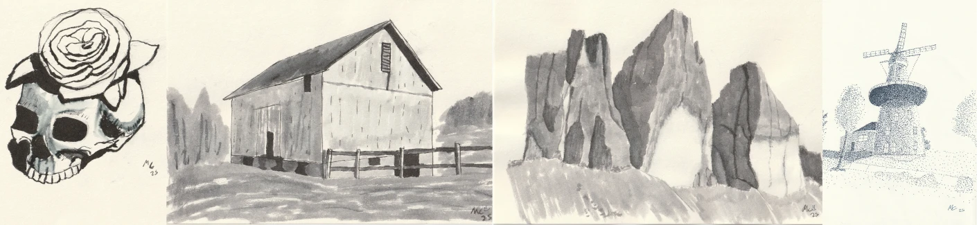 collage of ink sketches, a skull, a barn, three mountains, a windmill