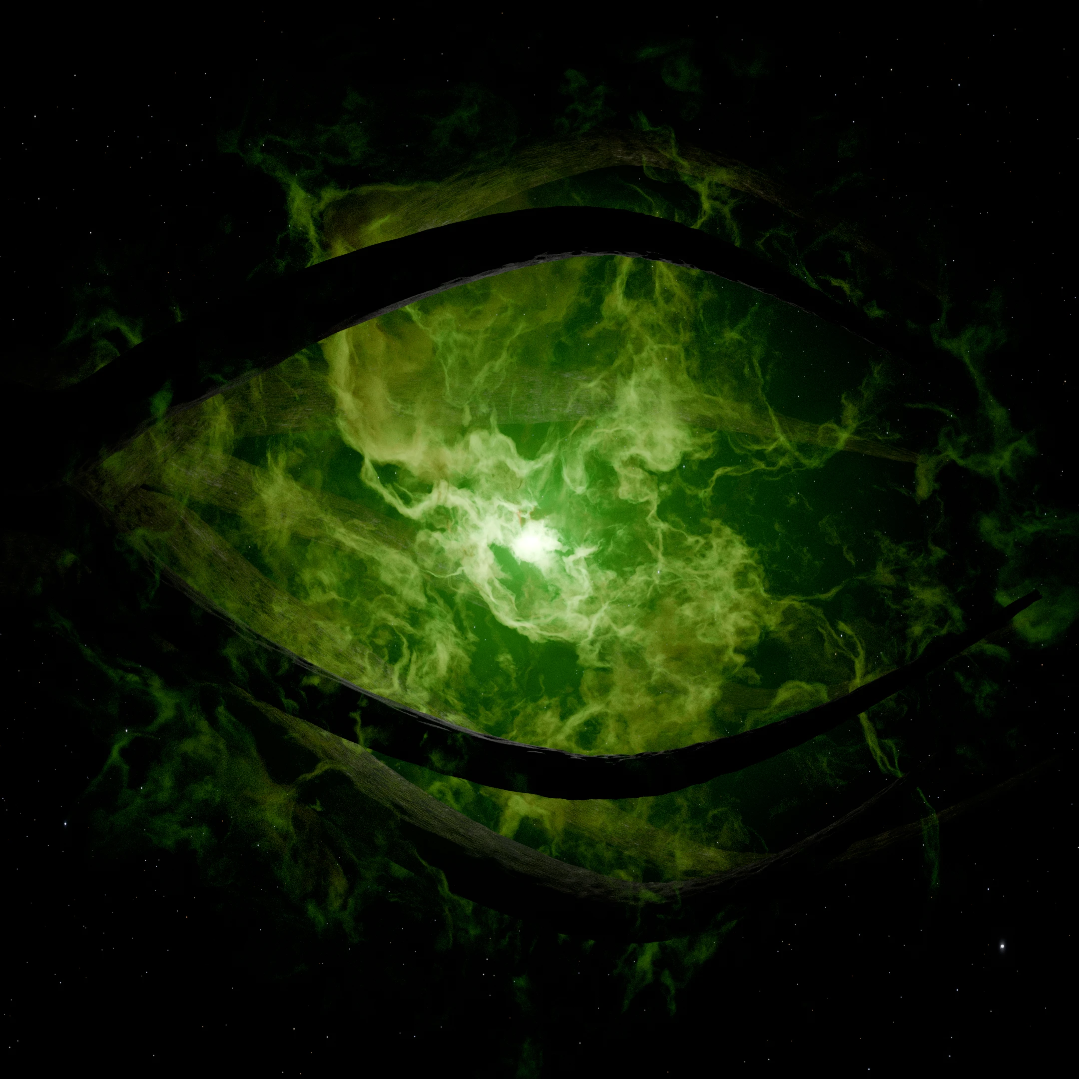 3d render of tree roots growing around a green nebula