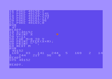 Commodore 64 screen with a red heart in the middle of the screen