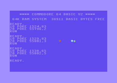 Commodore 64 screen with a red heart, a teal heart, and a green spade